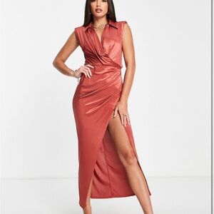 asos design tall collared maxi dresswith side thck in stain rust
